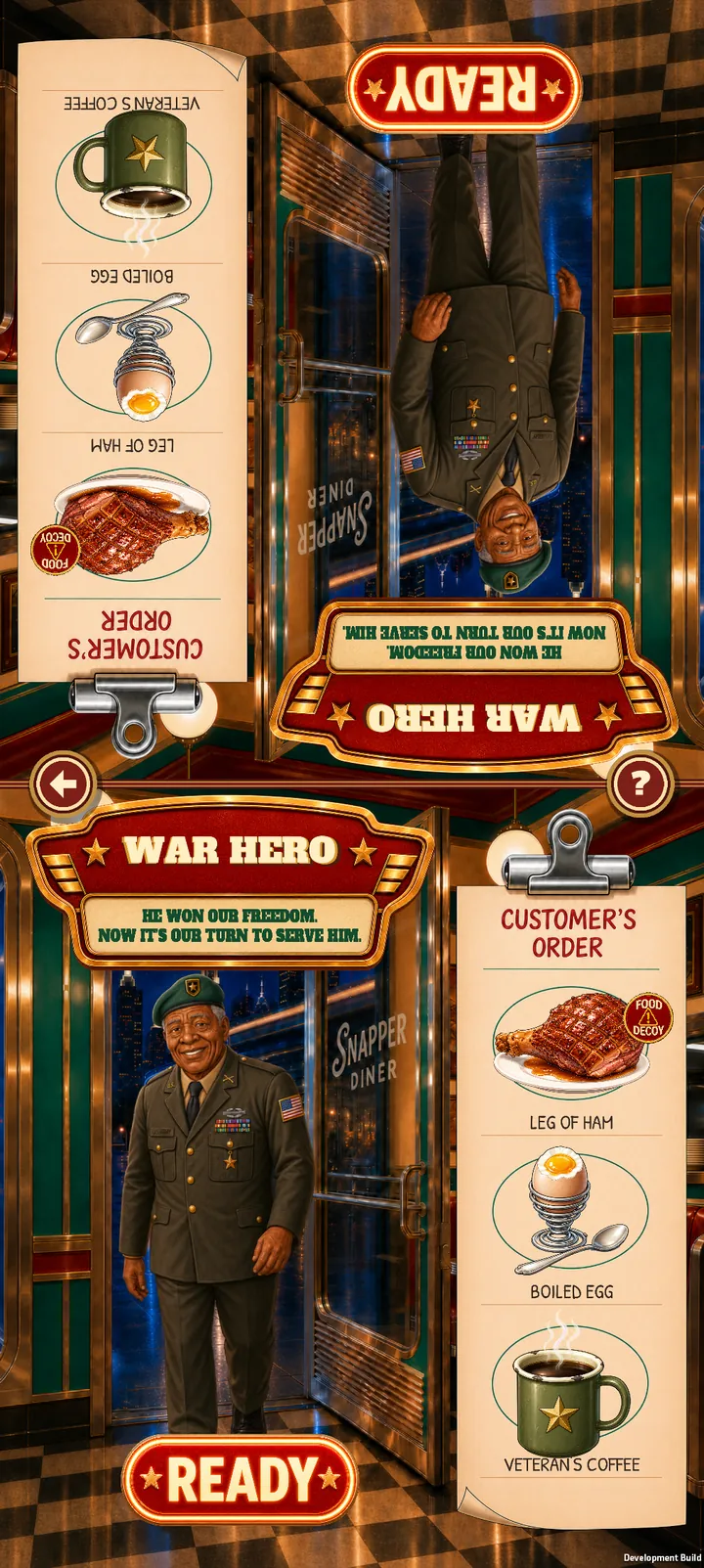 The latest War Hero customer briefing appears on both opposing sides before play begins